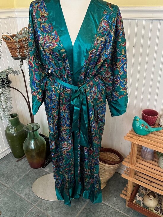 Victoria's Secret Other - Vintage 90s Victoria's Secret Teal & Multicolor Floral Satin Kimono Robe NWT M/L
